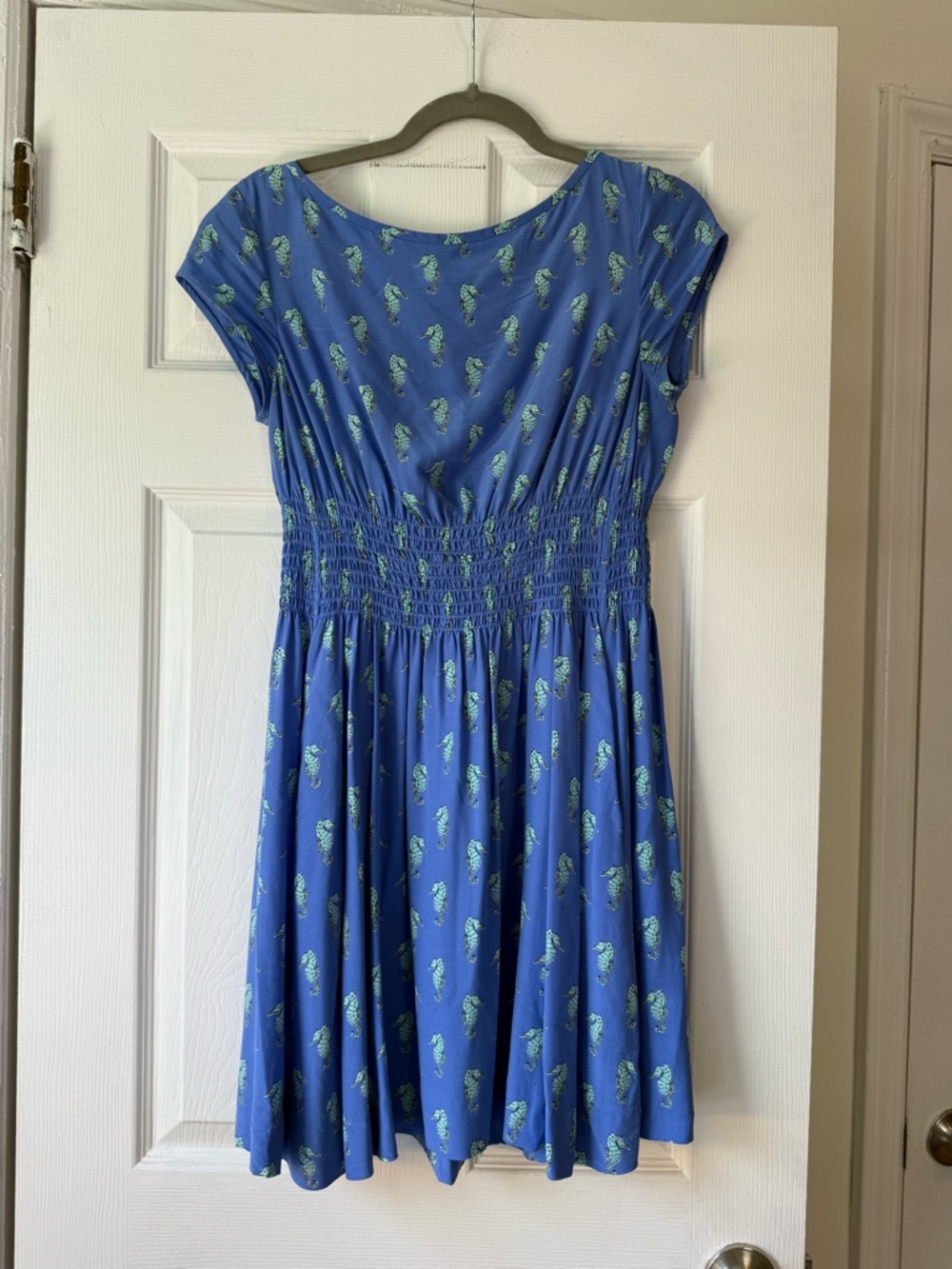 Kate spade Blue Short Sleeve Smocked Waist Dress with Seahorse Print size small